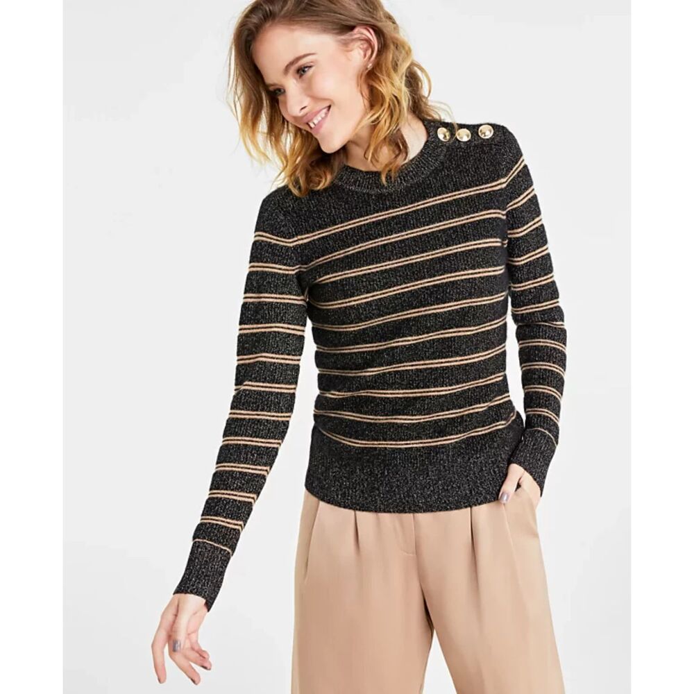 CHARTER CLUB Luxury Cashmere Black Gold Metallic Pullover Sweater Sweatshirt XL